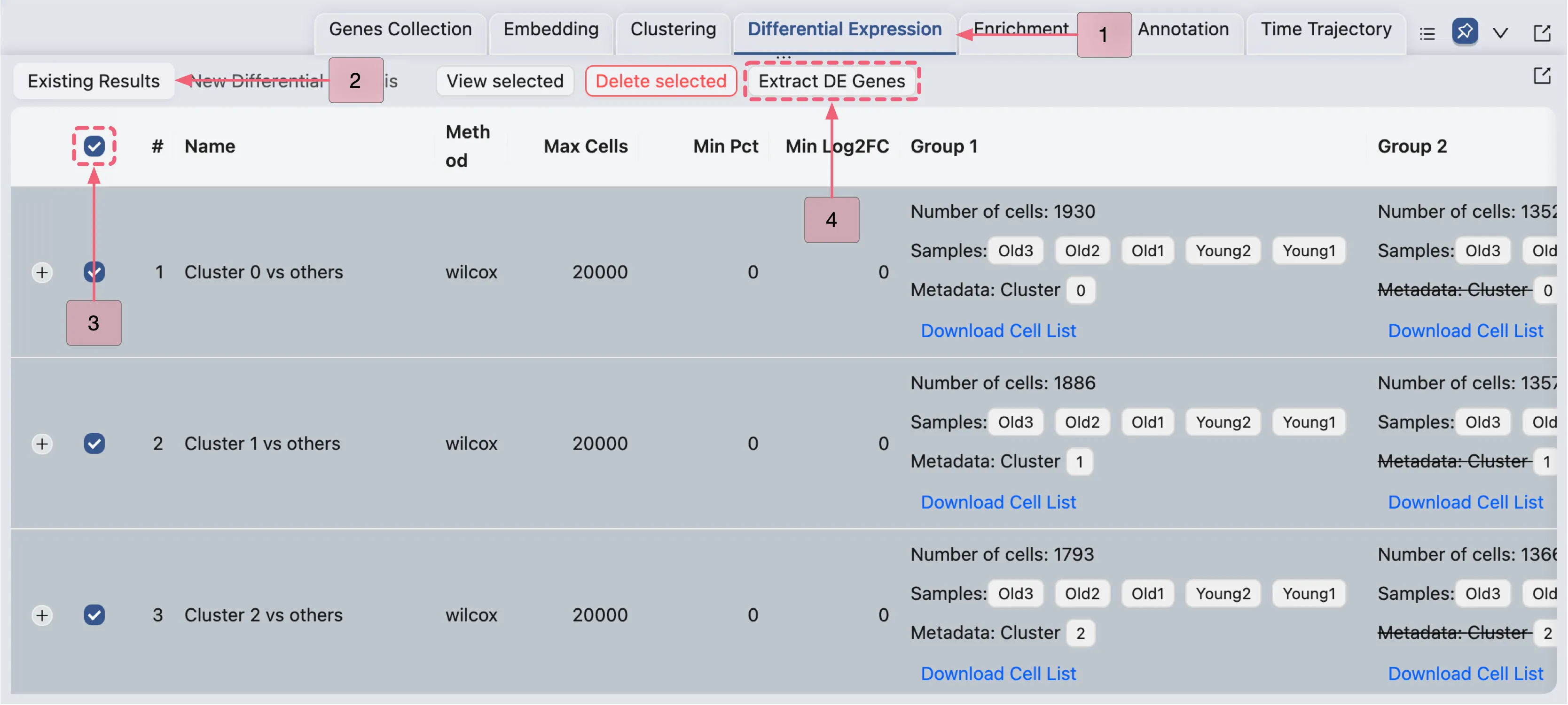 Dialog window for opening and extracting differentially expressed (DE) genes from the cross clusters analysis. Dialog window for opening and extracting differentially expressed (DE) genes from the cross clusters analysis.