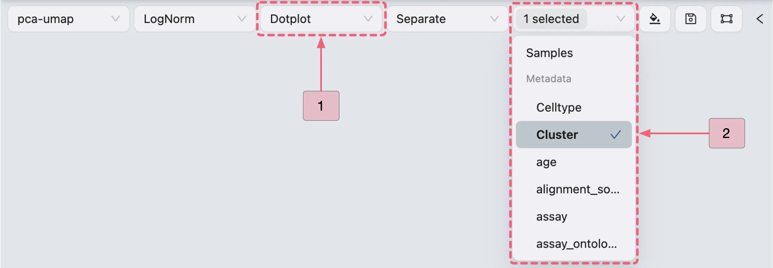 Toolbar showing dot plot visualization settings within the cross clusters analysis. Toolbar showing dot plot visualization settings within the cross clusters analysis.