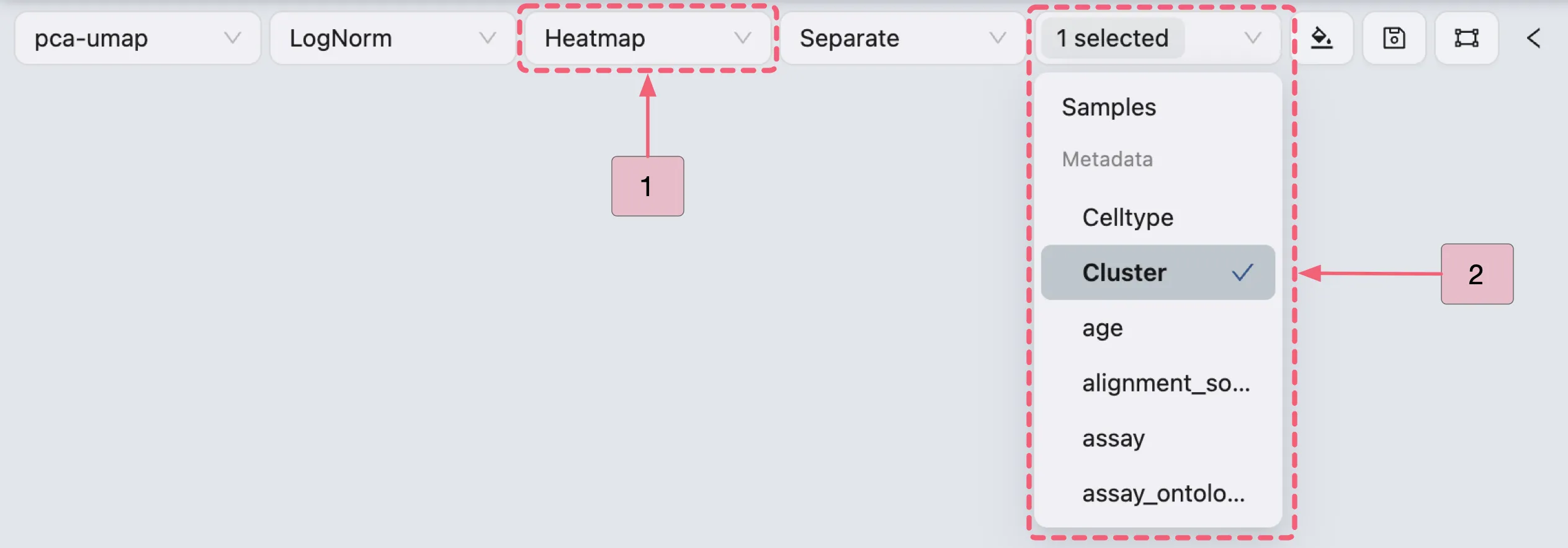 Heatmap visualization settings for Cluster 0 markers from the cross clusters analysis, with Cluster selected for grouping. Heatmap visualization settings for Cluster 0 markers from the cross clusters analysis, with Cluster selected for grouping.