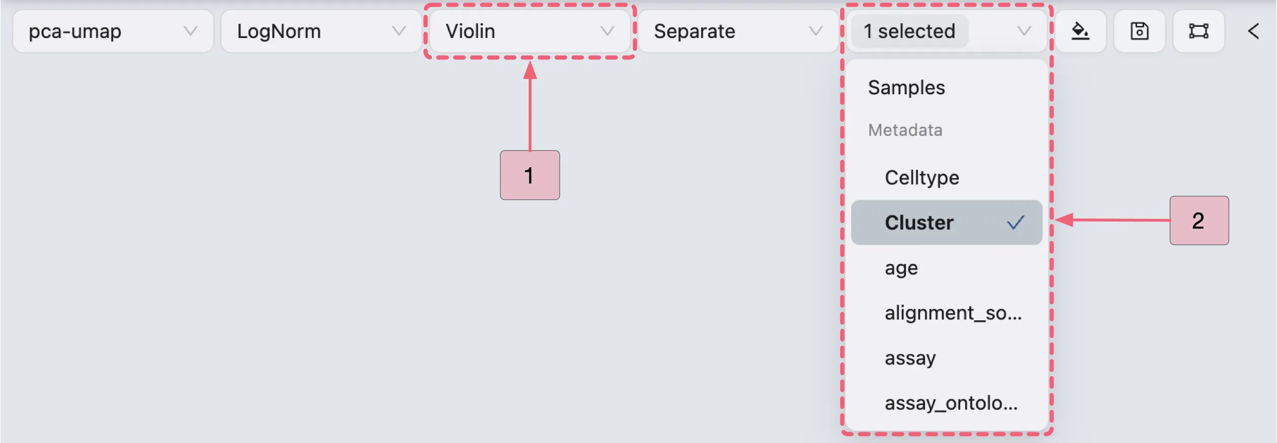 Toolbar displaying violin plot visualization settings within the cross clusters analysis. Toolbar displaying violin plot visualization settings within the cross clusters analysis.