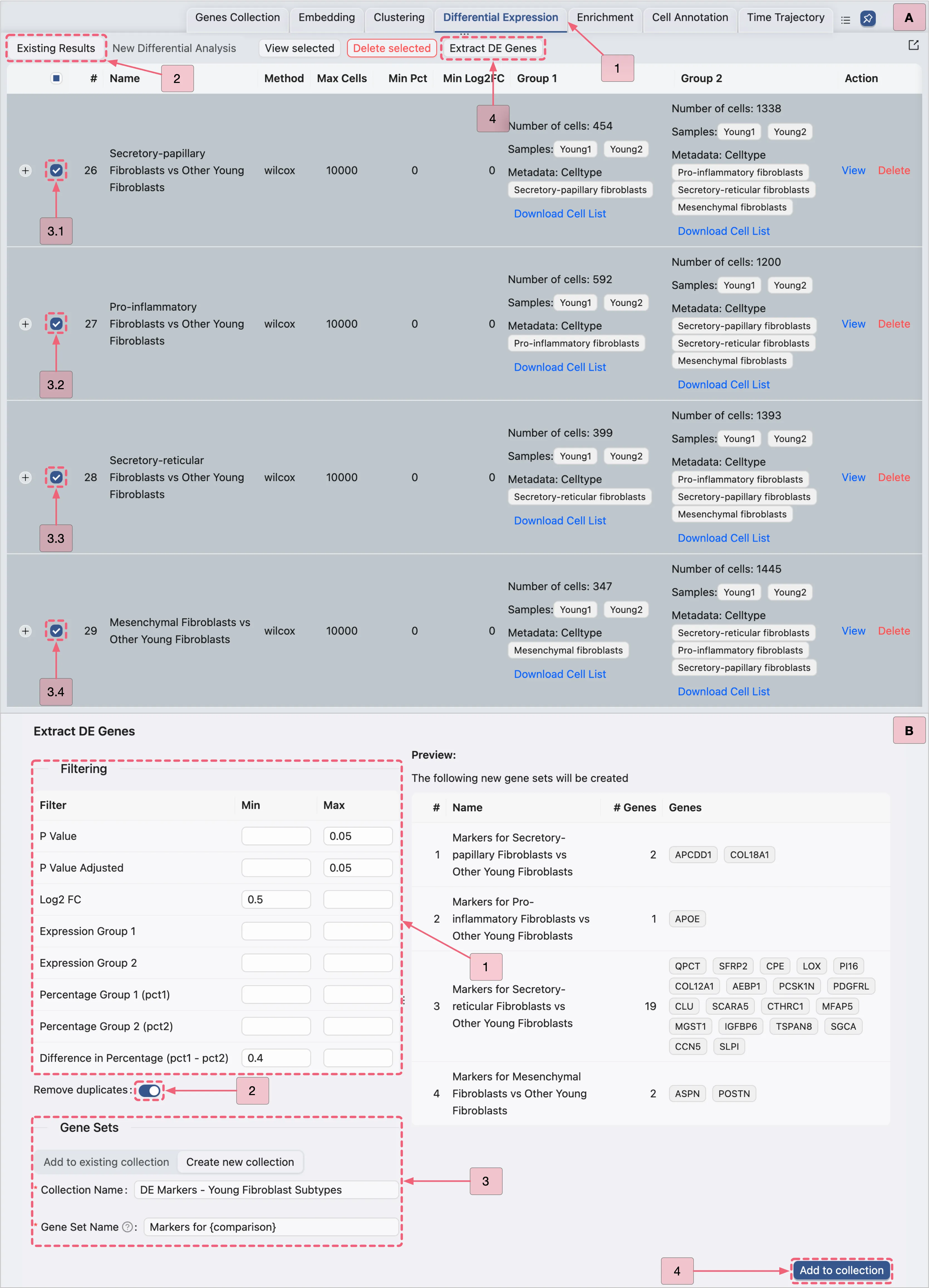 Extracting differentially expressed (DE) genes for young fibroblast subtypes. Extracting differentially expressed (DE) genes for young fibroblast subtypes.