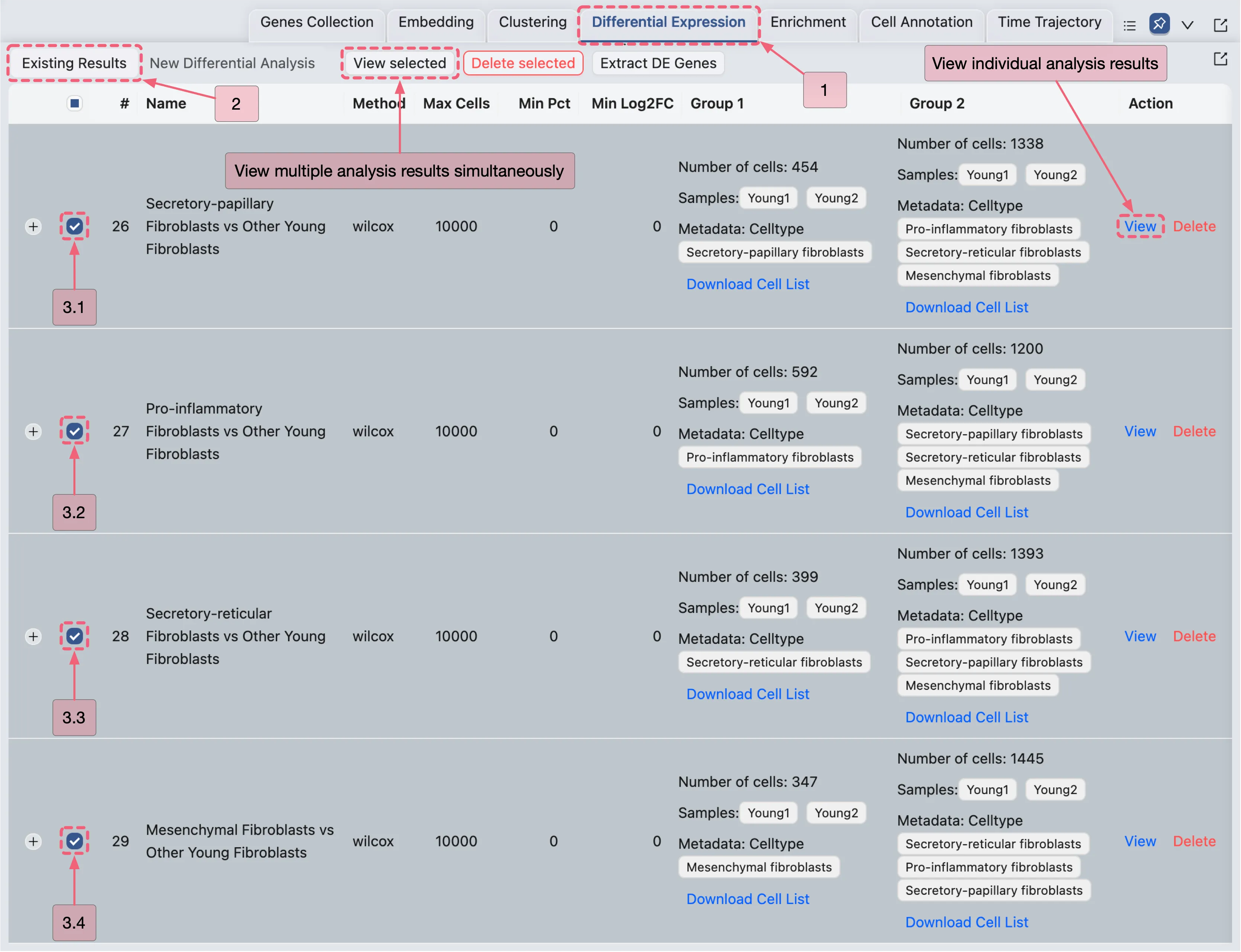 Viewing multiple differential expression (DE) analyses for young fibroblast subtypes. Viewing multiple differential expression (DE) analyses for young fibroblast subtypes.